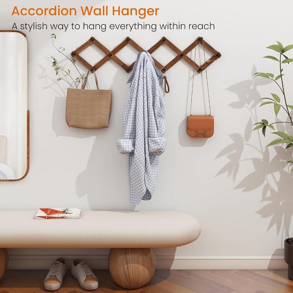 Vintage Wood Expandable Peg Rack- Multi-Purpose Accordion Wall Hangers with 13 H - Picture 2 of 9